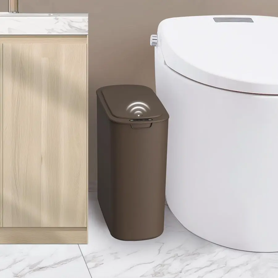 Cubo de Basura Automático con Sensor de Movimiento para Baño, con Tapa, 2.6 Galones, Cubo de Basura Inteligente sin Contacto, Cubo de Basura Pequeño y Delgado de Plástico Marrón