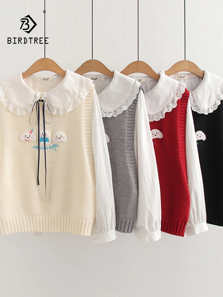 

New 2025 Winter Cotton Shirt Knit Vest Set, Women O Neck Cute Embroidery, Mori Girl Chic Preppy Style Loose Blouse Set S5N729CC