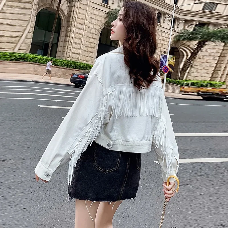 New Spring Autumn Korean Women Denim Jacket Casual Long Sleeve Tassels Jeans Coat Loose Outerwear Female Streetwear Tide T408