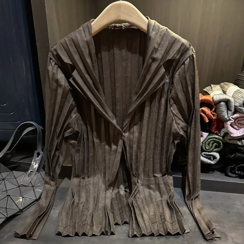 

Miyake корейская версия плиссированная женская рубашка однотонный костюм куртка с воротником темперамент элегантный повседневный тонкий кардиган топы пальто