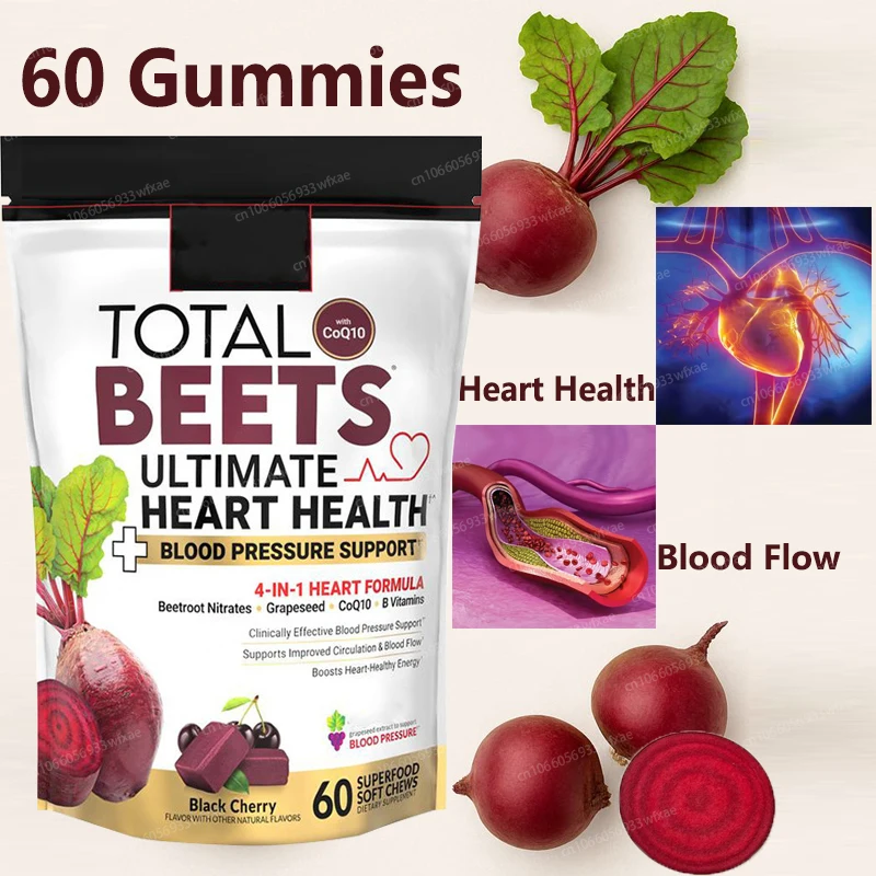 

Beets Chews for Blood Pressure Support 4 In 1 CoQ10 + Grape Seed Supports Healthy Blood Circulation & Heart Healthy Energy