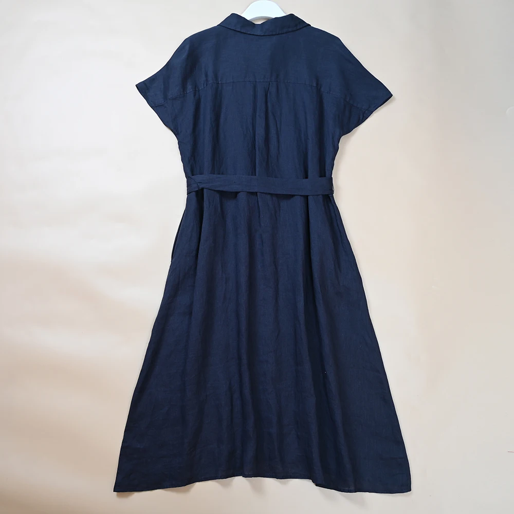 Slim Fit dames lin brodé ceinturé Dr nouveau Sle trajet Sle ort Sve col décontracté simple bouton fermeture