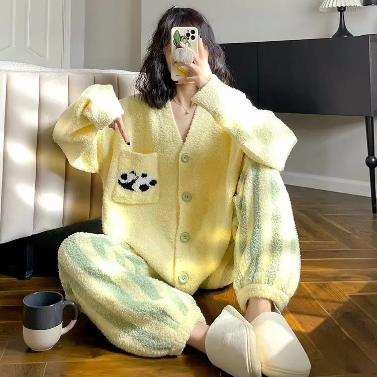 Women's Fleece Pajamas Simple Long-Sleeve Cardigan Thick Soft Cute Fresh Versatile Casual Pajama Set Homewear Lovely Panda.