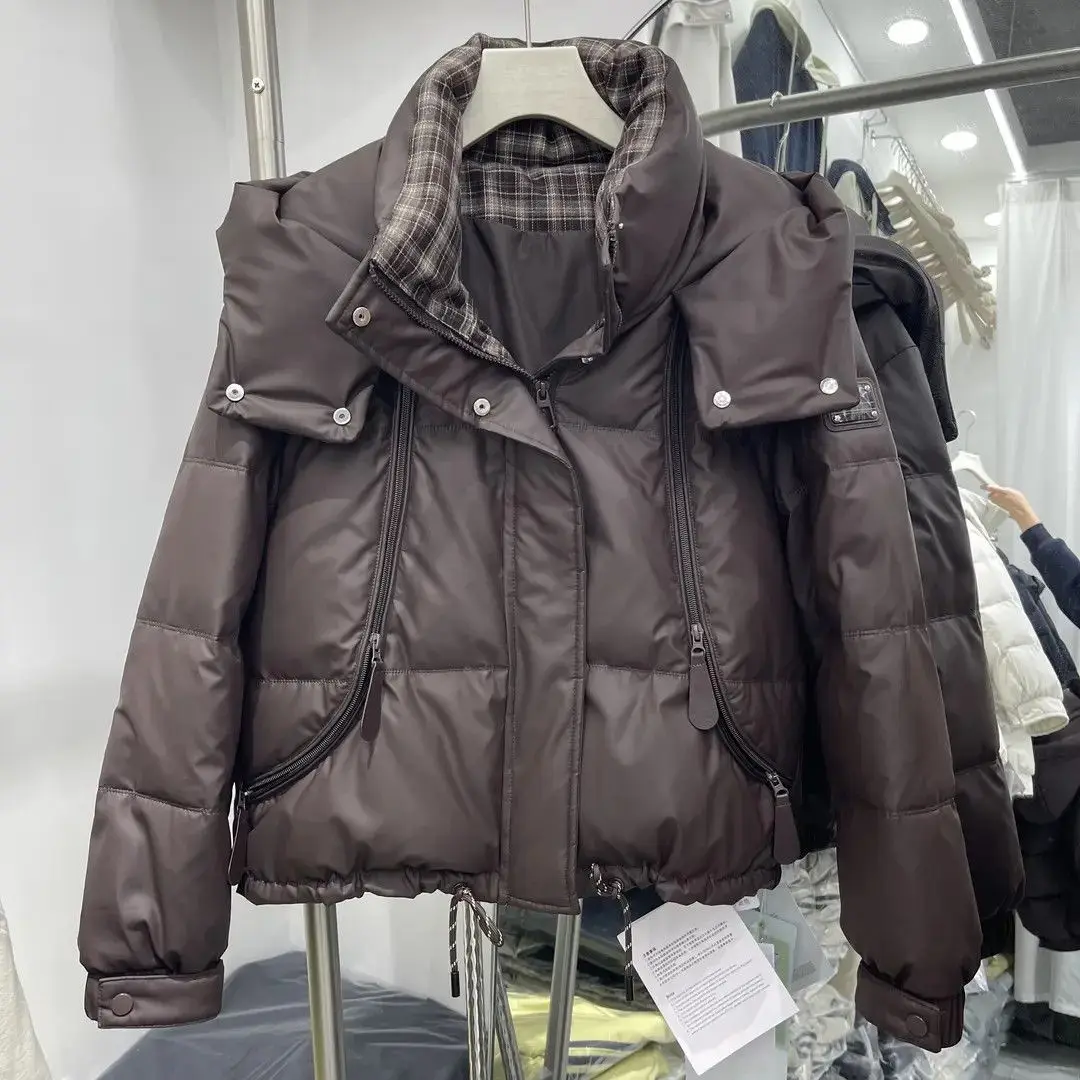 

Design Sensation Plaid Collar Hooded ort PU Leather Faux Fur Jaet Winter New Arrival White Fce Outerwear Youthful Sle