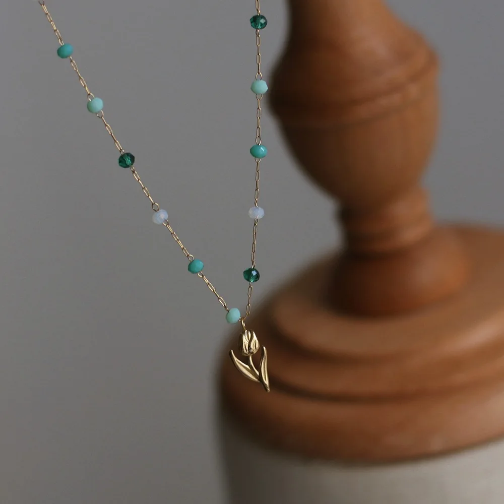 Stainless Steel Plated 18K Gold Fashion Interval Beads Tulip Pendant Necklace Women Small Fresh Versatile Jewelry