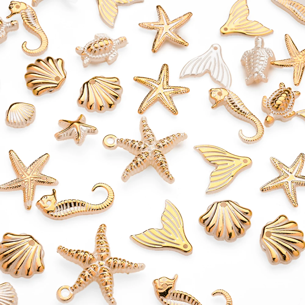 30g Mixed Ocean Themed Acrylic Charms, Golden Edge Starfish Seahorse Shell Mermaid Tail Pendants For DIY Bracelet Jewelry Craft