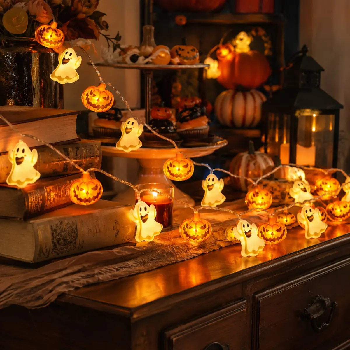 1 Stück 10/20 LED Halloween Geister- & Kürbis-Lichterkette, gemischte Formen, LED-Lichterkette für Zuhause, Terrasse, Bar, Gothic-Feiertagsparty-Dekoration – Detail 4