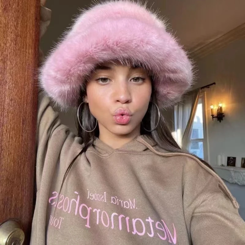 2024 y2k Fluffy Faux Fur Bucket Hat Women Rabbit Fur Warm Thick Plush Winter Hat Lady Luxury Fashion Party Panama Fisherman Cap