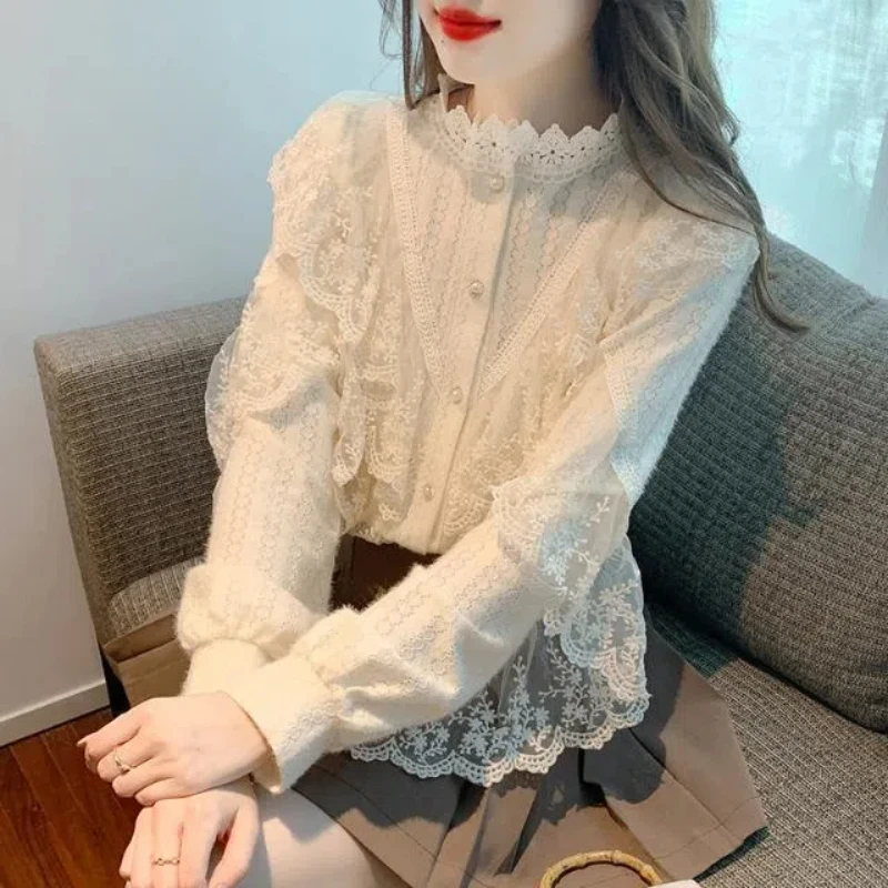 Korean Fashion Spring Autumn Women\'s Solid Stand Collar Lace Single Breasted Simplicity Versatile Loose Long Sleeve Shirts Tops