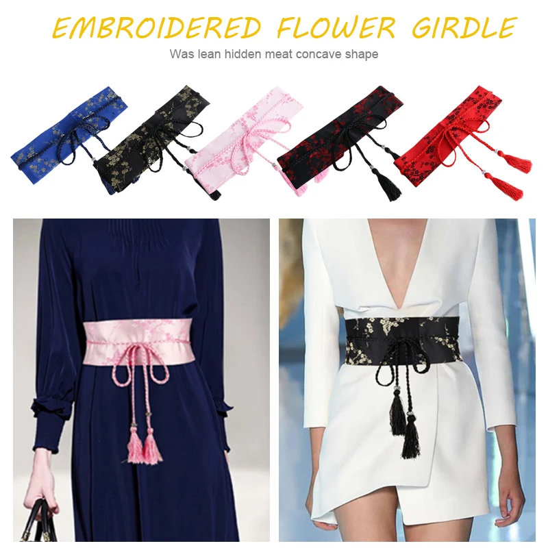 Japanese Traditional Clothing Kimono Wide Belt Women Sash Tie Streetwear Embroidered Fower Tassel Bandage Belt Yukata Obi