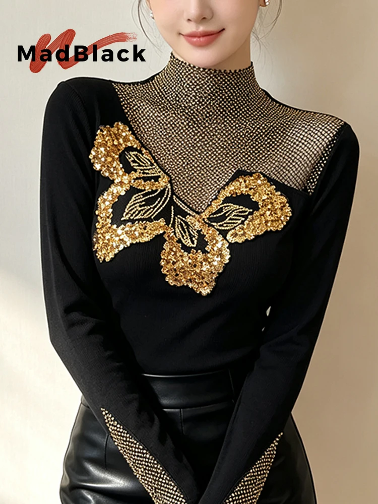 MadBlack-Women European T-Shirt, Sexy Turtleneck Hot Diamond, Hotsweet Long Sleeve Slim M-3XL Knit Tee, 2026 Autumn New T6O807CC
