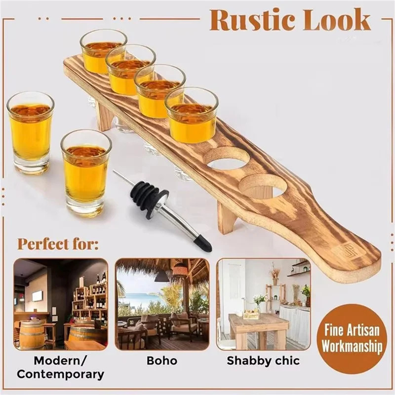 

ABCA-3X Wine Glasses Stand Wooden Drink Serving Tray With 6 Glasses Glass Cup Rack Tequila Glass Holder Serving Tray For Bar