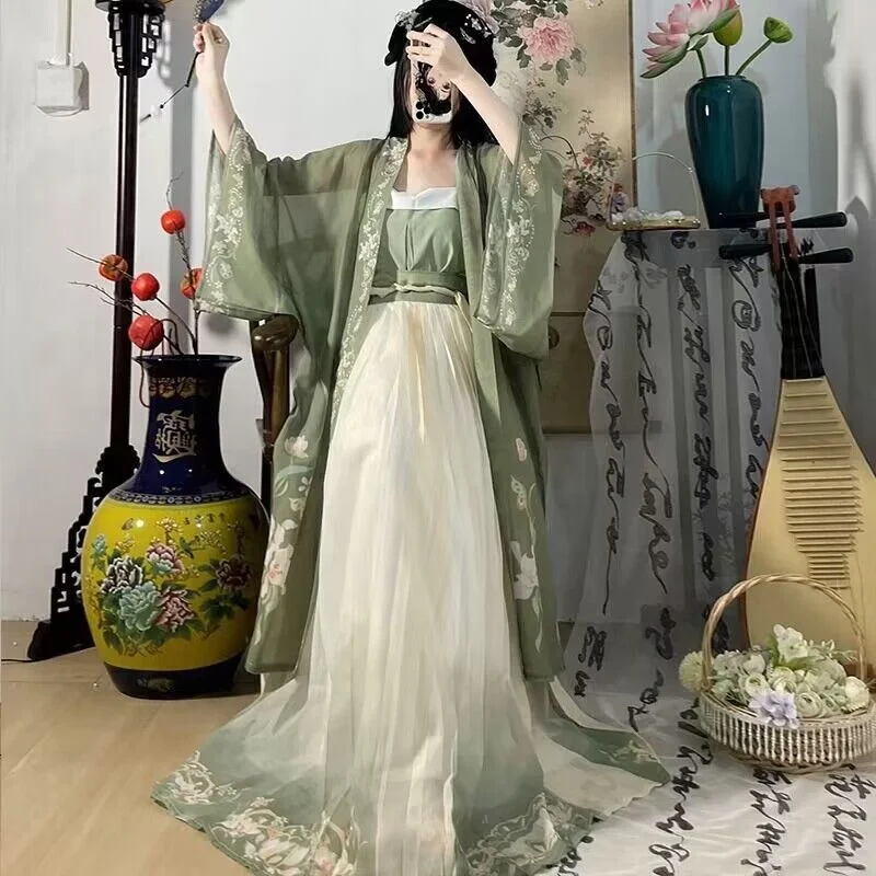 Robe Hanfu traditionnelle chinoise pour femme, costume de jeu féminin, chanson du sud, printemps et été, ensemble vert 3 pièces, grande taille