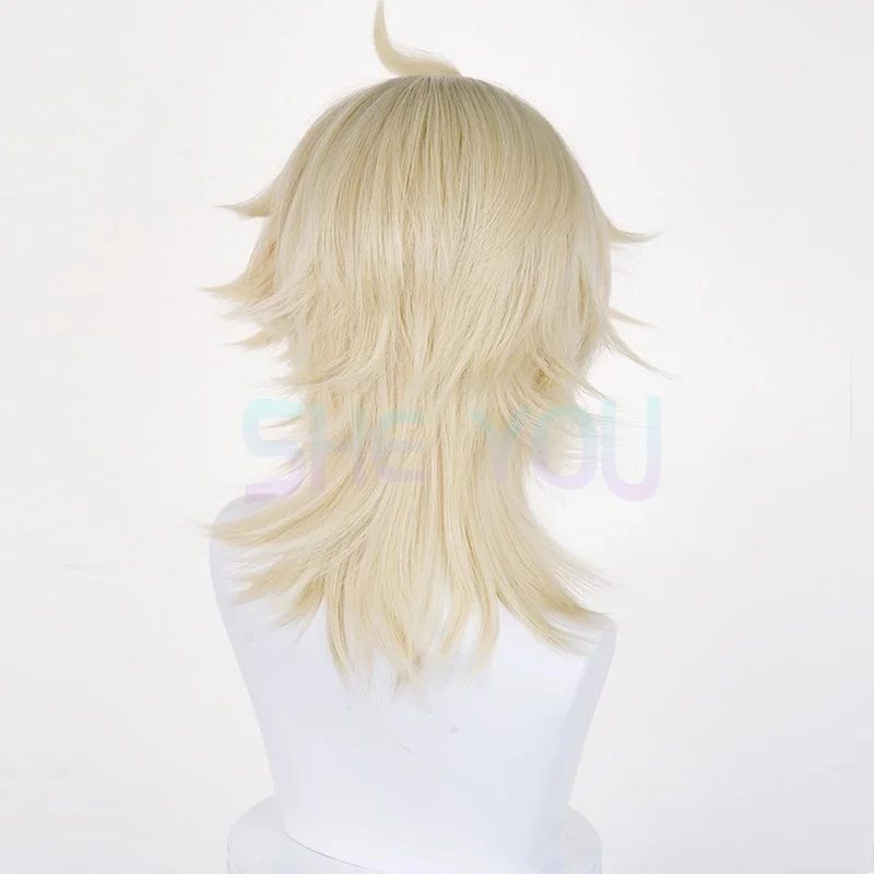 Pelucas de Cosplay Varka, pelucas doradas claras de 35cm para hombres, peluca de Cosplay de Anime, pelo sintético resistente al calor para Halloween + gorro de peluca