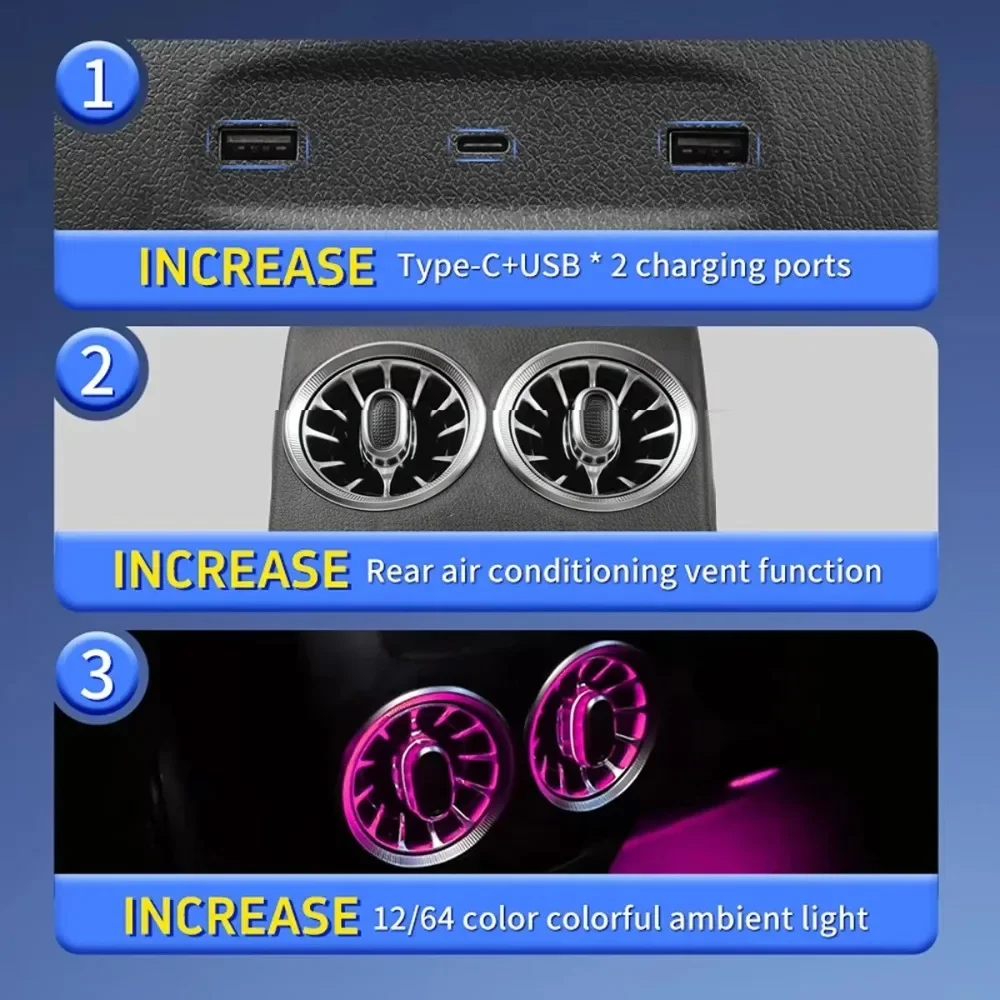 For Mercedes Benz A/B-Class W176 W246 CLA C117 GLA X156 64 Color LED Rear Air Outlet Assembly Upgrade Kit with Type C USB Port