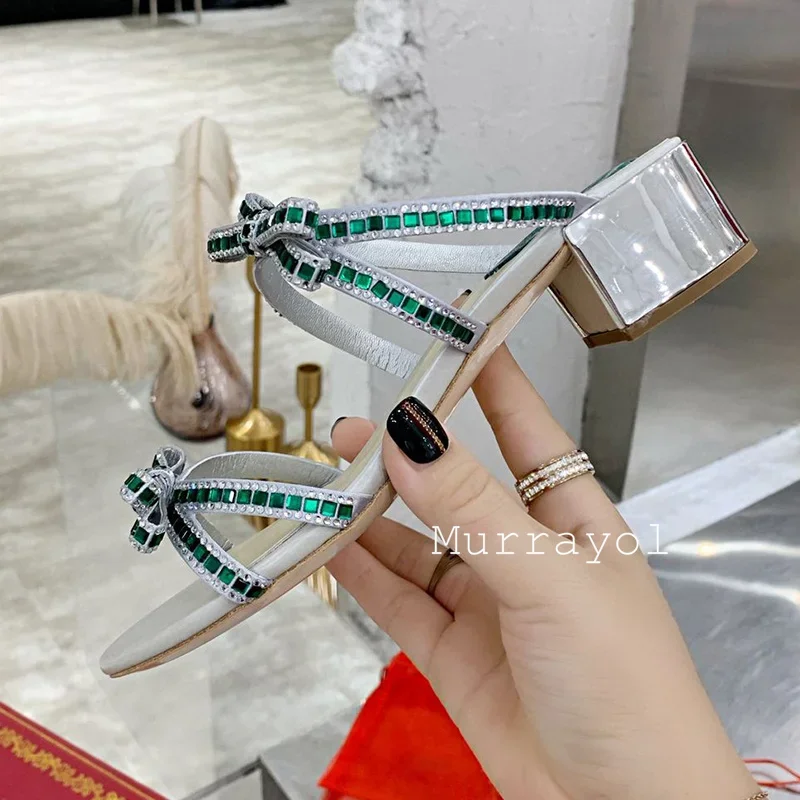 Zapatillas de tacón cuadrado con punta abierta para mujer, sandalias con decoración de diamantes de imitación y nudo de mariposa, zapatos de vestir de verano, zapatos de tacón, zapatos de hadas