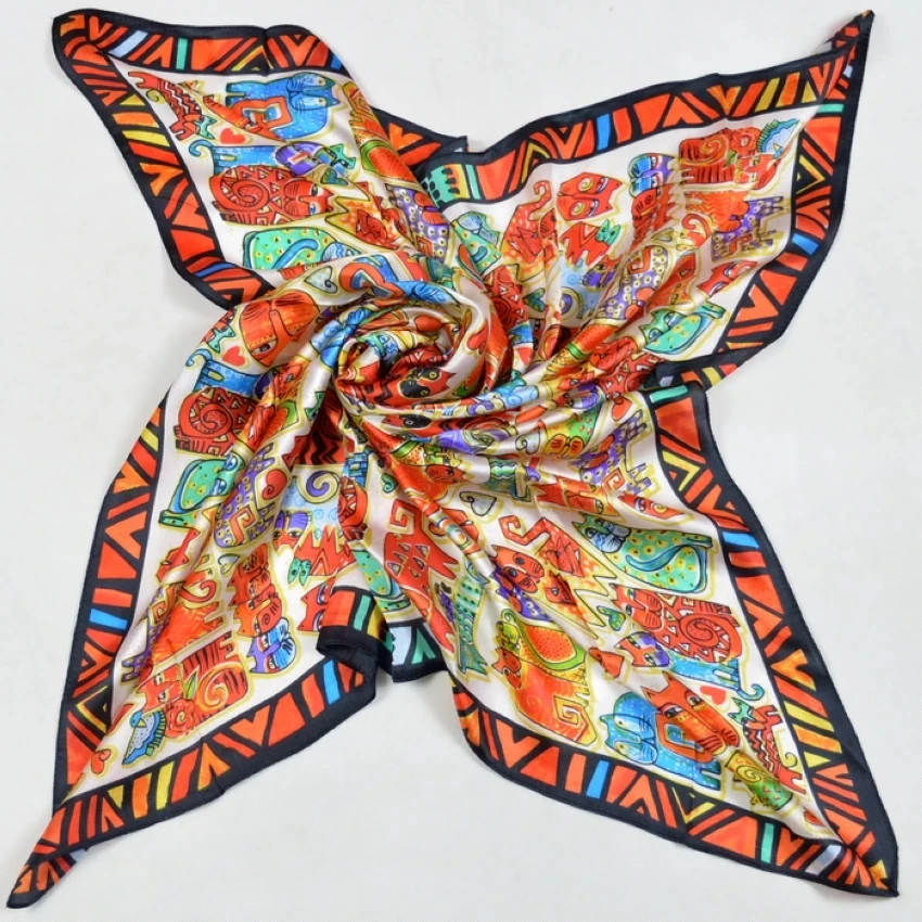 

90*90cm Orange White 100% Mulberry Big Square Silk Scarves Printed,Fashion Hot Sale 100% Silk Crepe Satin Scarf Shawl