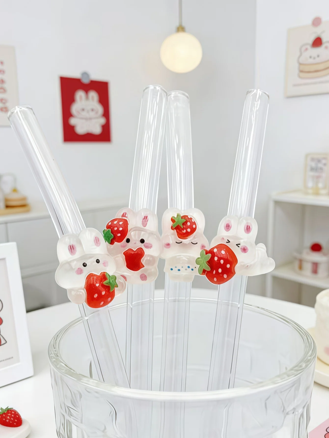 1/5pcs Strawberry Rabbit Decorated Glass Straw, Perfect for Drinks, Bendy Straw, Back-To-School Gift, Christmas Present