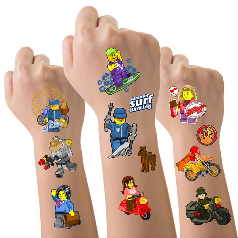 8 fogli Building Block tatuaggi temporanei forniture per feste di compleanno decorazioni tatuaggi adesivi simpatici bomboniere bambini ragazze