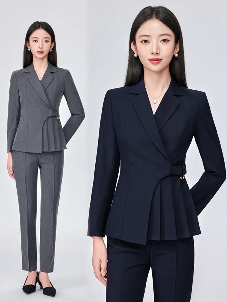 Gray double-breasted notched lapel work uniform for hotel managers, professional attire for business reception, property managem