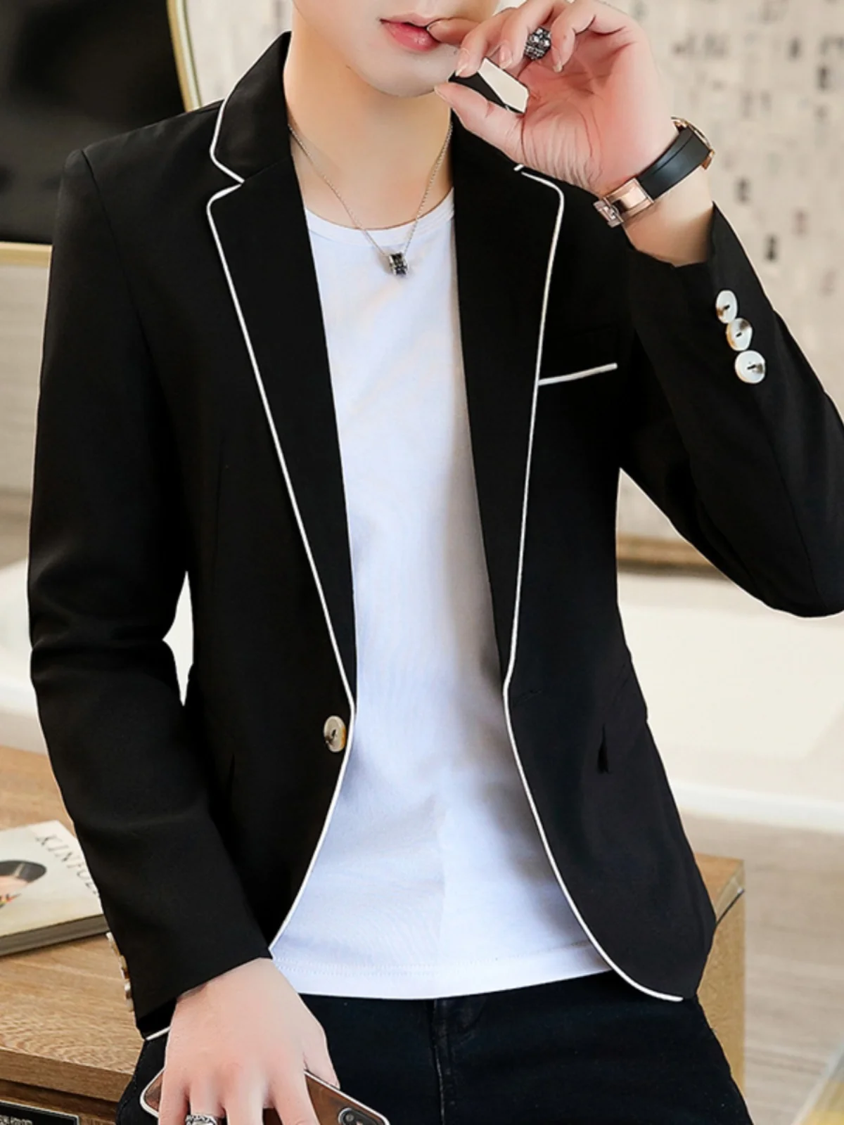 

Мужской костюм Slim Fit: осенний новый корейский повседневный комплект из двух предметов (пиджак и брюки) из полиэстера, модный, на одной пуговице