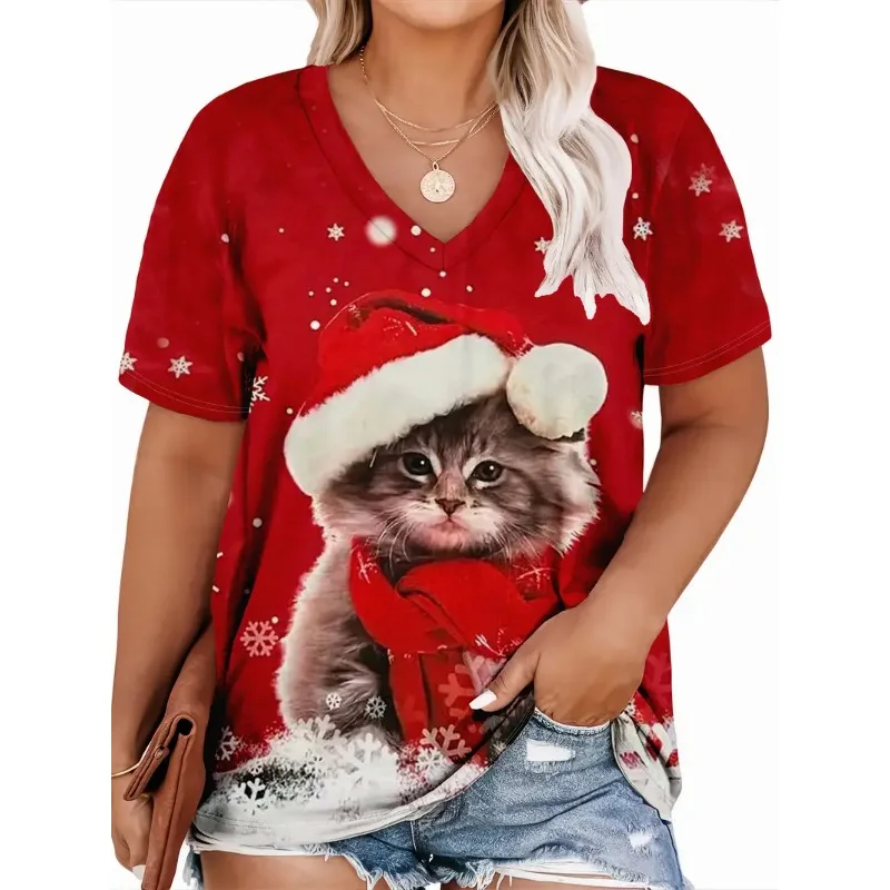 

Женская футболка размера плюс 1XL-5XL с принтом кота, повседневные футболки с короткими рукавами, летняя модная уличная одежда, женский топ