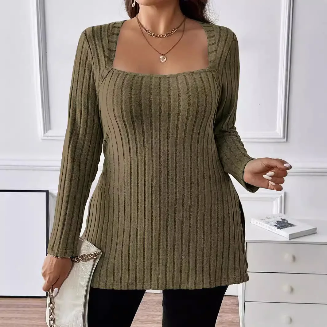 Women's T-shirts 2026 Autumn And Winter Women's Clothing, European And American Large Size Solid Color Pit Strip Abraded Square