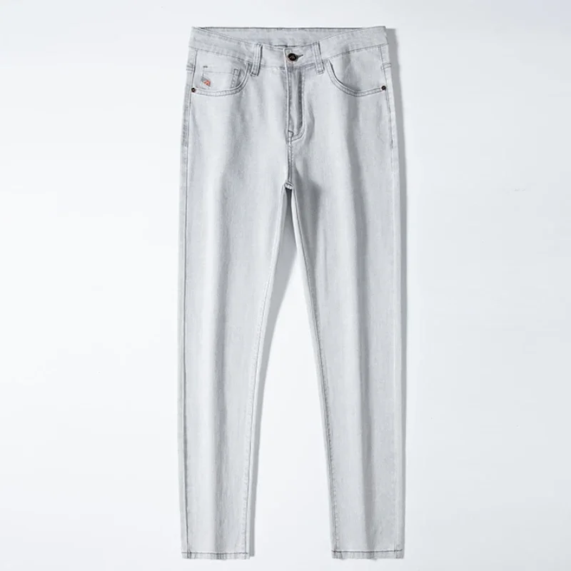 2024 New in Streetwear New Men\'s Light Gray Thin Slim Fit Jeans  Business Stretch Denim Trousers Male Pants