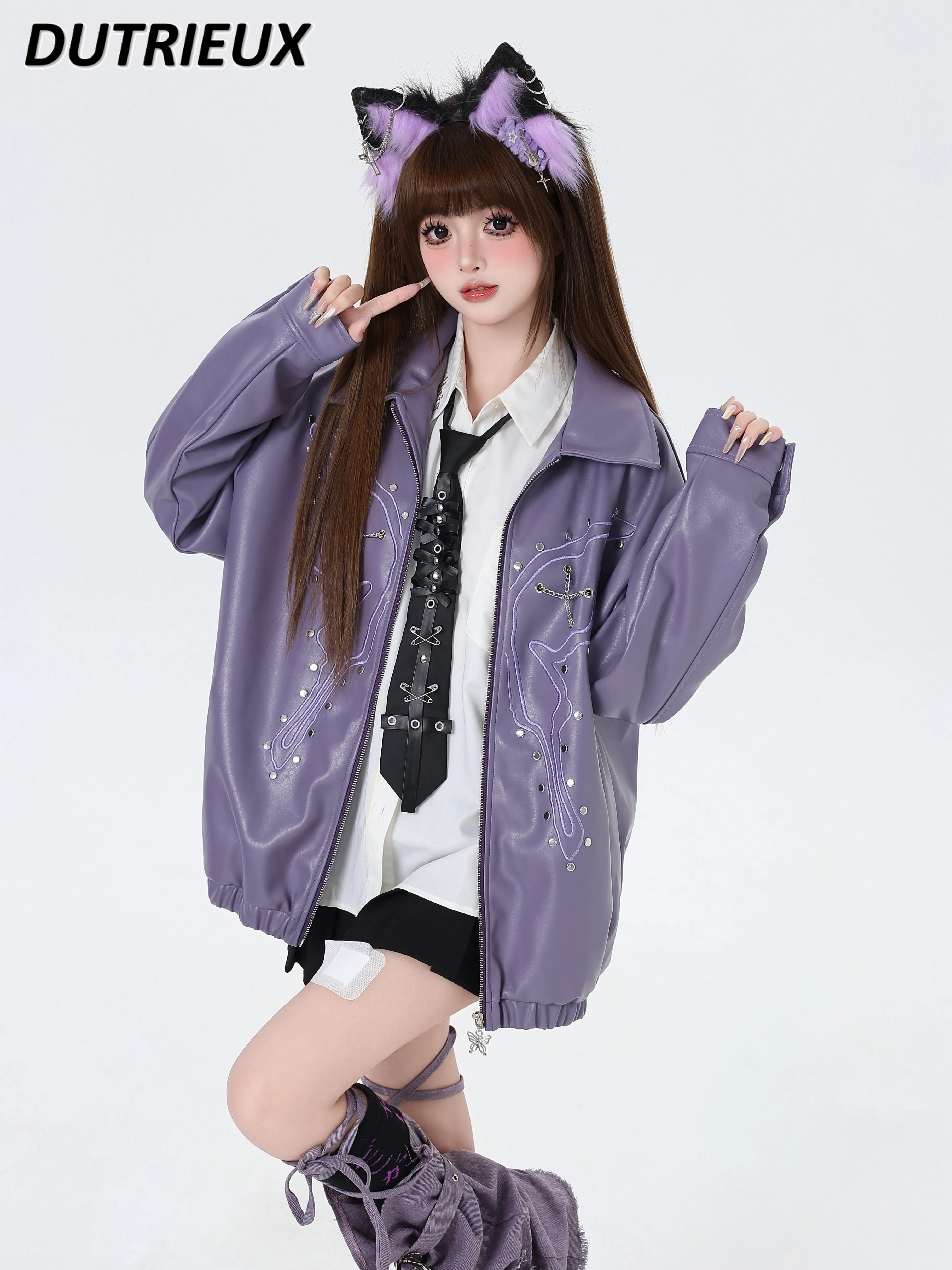 

Japanese Style Original Punk Niche Bow Rivet Jacket for Women Autumn and Winter Sweet Girls Lapel Zipper Loose Leather Coat