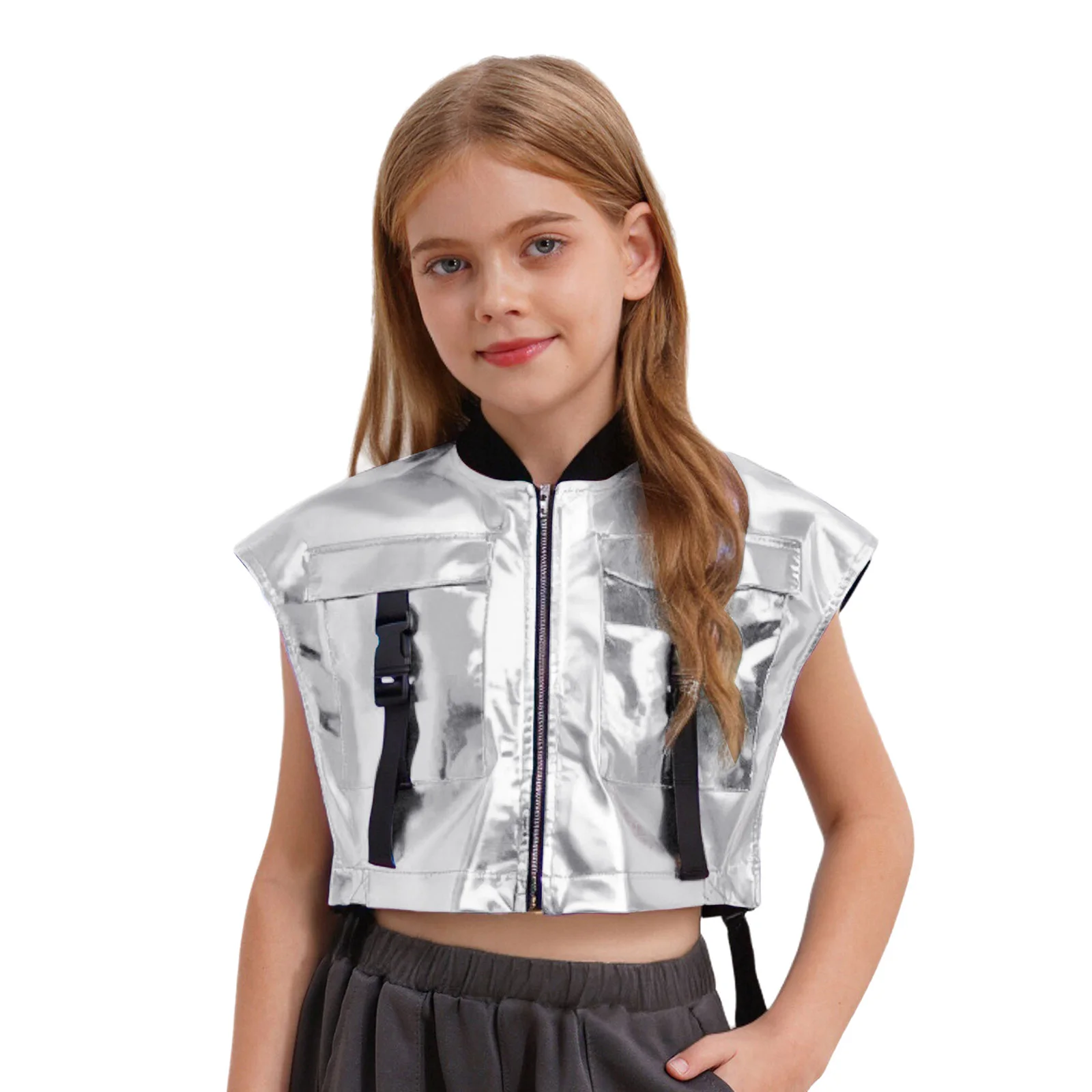 Girls Jazz Hip Hop Dance Tops Stage Performance Streetwear Sides Open Metallic Vest Sleeveless Zipper Jacket with Buckle Pockets