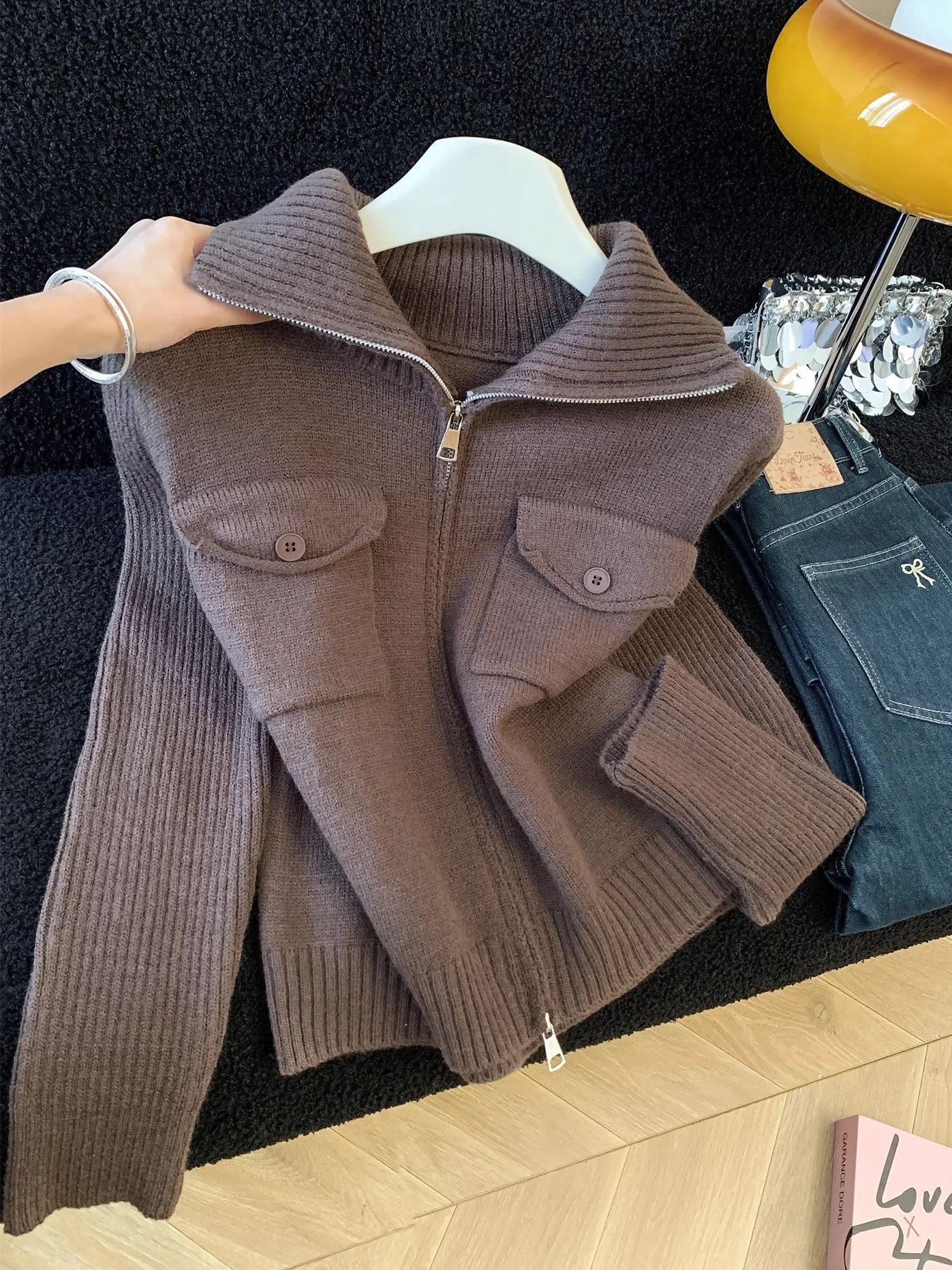 

Korean Sle Retro Zipper Knitted ort Sweater Jaet Women's Double ket Stand Collar Thiened Winter Outerwear