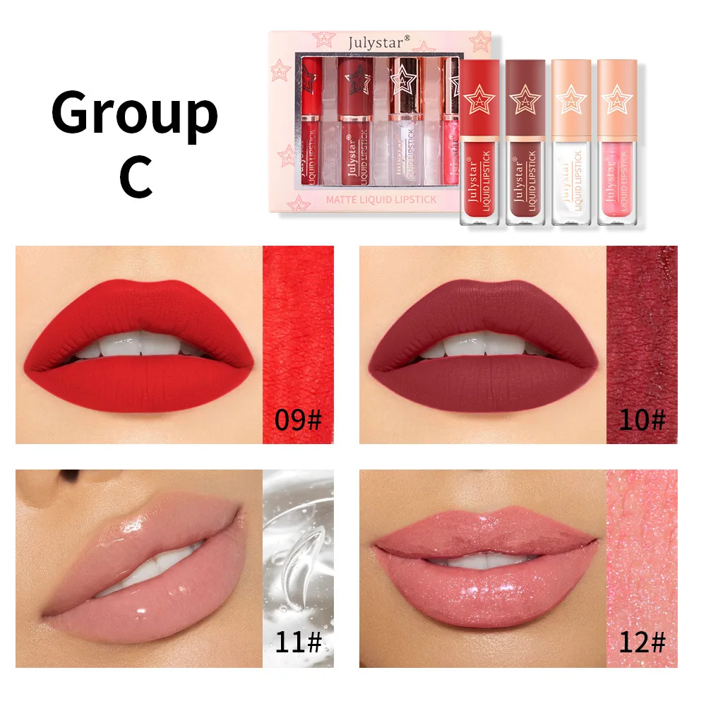 Julystar 4 Stks/set Rood Fluwelen Lippenstift Mistige Matte Lip Glazuur Damesfeest Dagelijkse Cosmetica Aanhoudende Kleuring Lip Glazuur