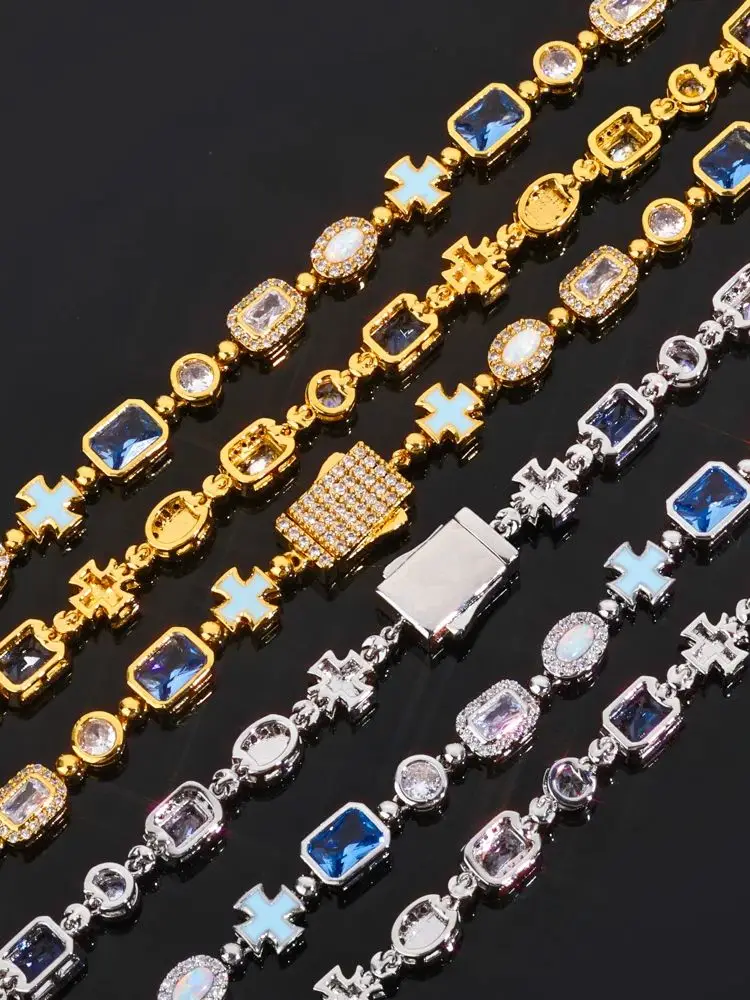 Ladies' Blue Gemstone Necklace Drip Oil Cross Pendant Ice CZ Stone Opal Series Necklace Fashion Hip Hop Jewelry