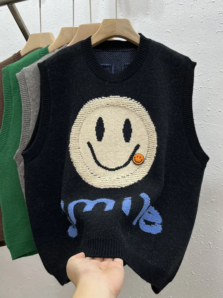 Letter Knitted Vest Women\'s Spring And Autumn Happy Facing 2023 New Loose And Lazy Sleeveless Sweater Tank Top