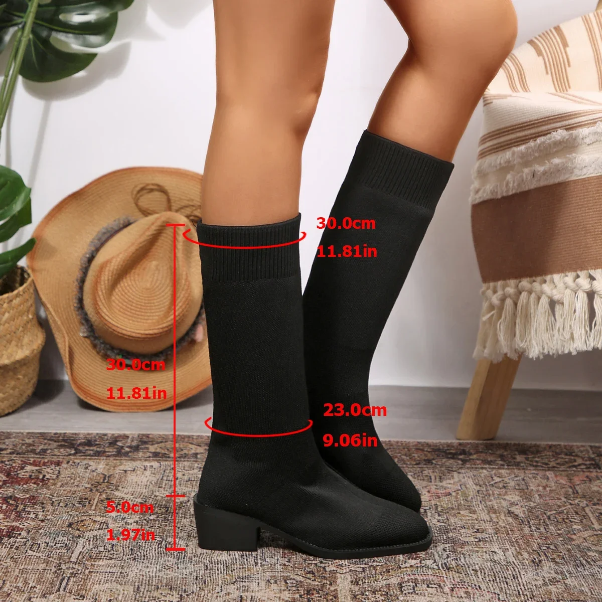 Frühling Herbst Mode Damenstiefel Quadratische Spitze Gestrickte Sockenstiefel Slip-on Halbstiefel Damen High Heels Übergrößen 35-43 Schuhe – Detail 5