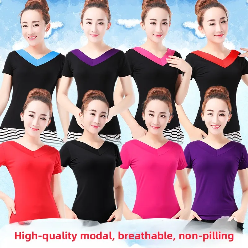 women's-square-dance-short-sleeve-modal-top-summer-new-style-dance-practice-suit-fitness-clothing-exercise-uniform-sportswear