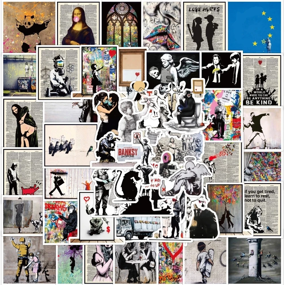 10/30/67PCS Banksy Skulpturen Blumenwerfer Aufkleber Ästhetische Coole Street Art Cartoon Aufkleber Wasserdichte Graffiti Laptop Telefon