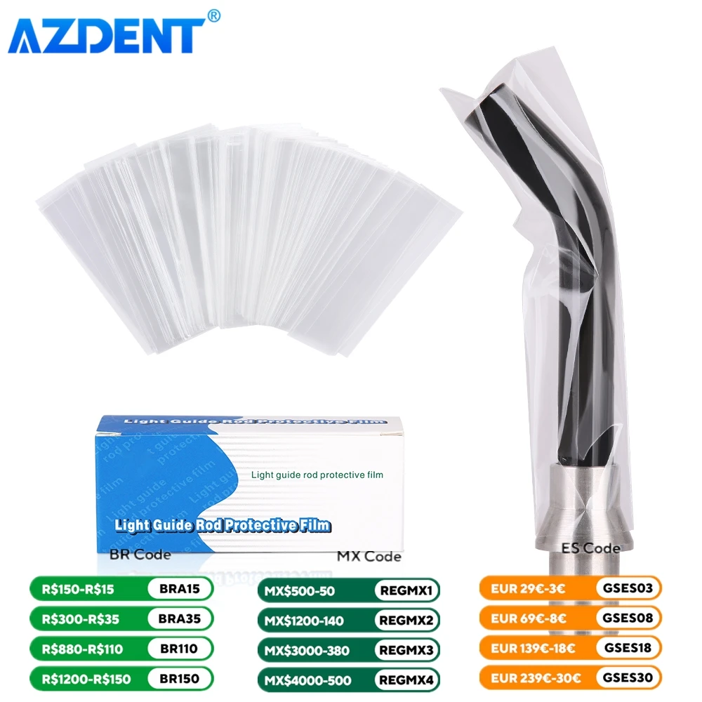 200pcs/Box Disposable Plastic AZDENT LED Curing Light Guide Sleeve Dental Light Curing Head Covers Protective Film 18*67mm