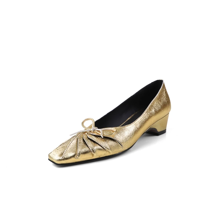 Women's New Spring and Autumn Genuine Leather Cowhide Square Head Bow Retro Coarse Heel Middle Heel Style Fashion Single Shoes