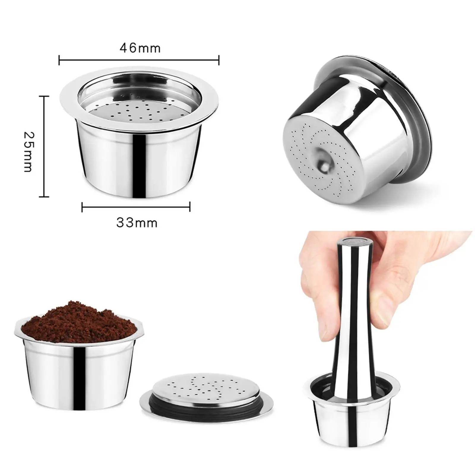 Stainless Steel Coffee Pod Set with Tamper Brush Refillable Filter Cone for Coffee Bar Accessories