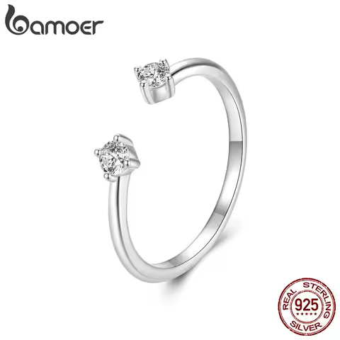 BAMOER Moissanite White Gold Plated Adjustable Ring 925 Sterling Silver Stackable 4-Prongs Open Ring for Women Minimalist Gift