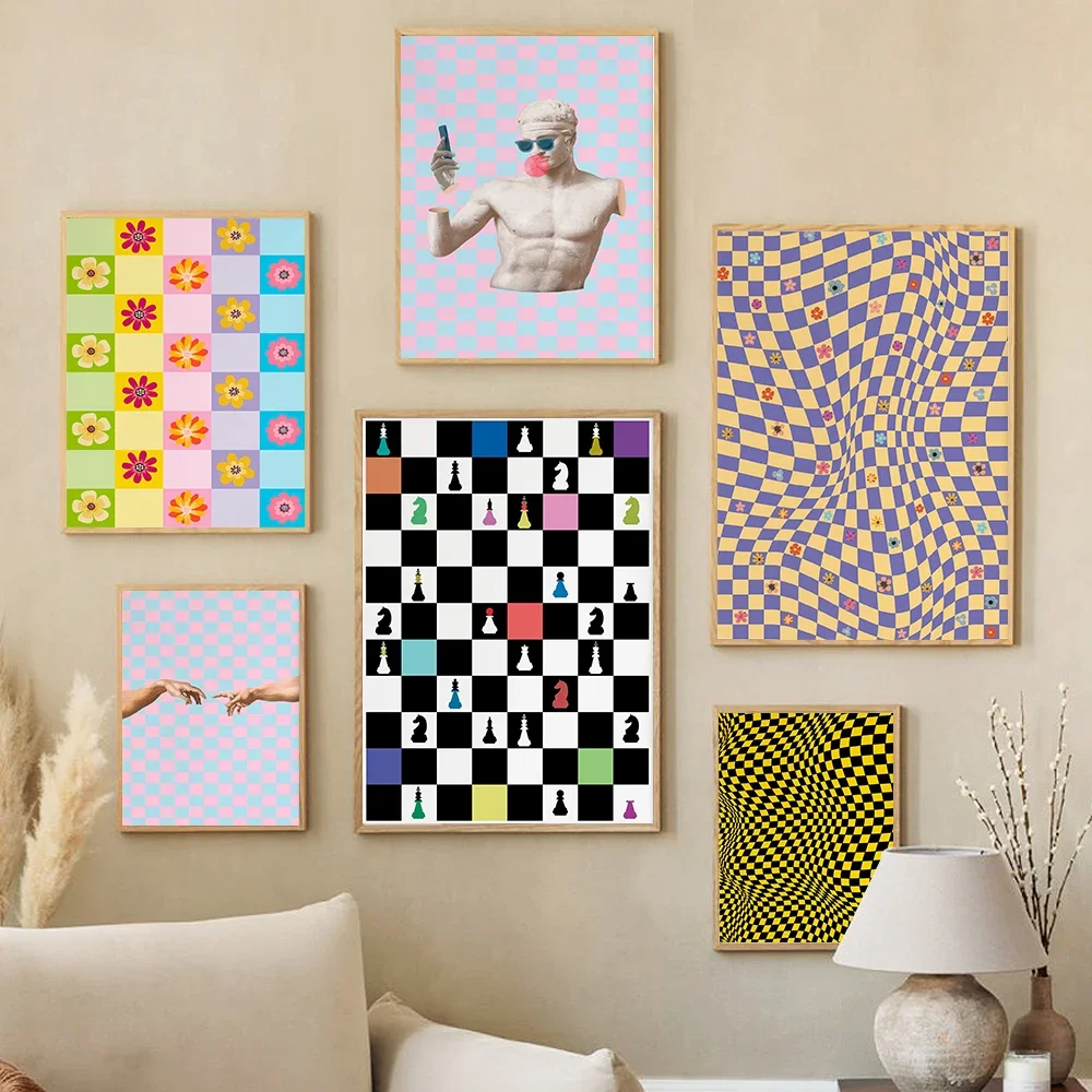Abstract Retro Art Poster Distortion Figure Cartoon Wall Canvas Painting Print International Chess Sculpture Room Home Decor