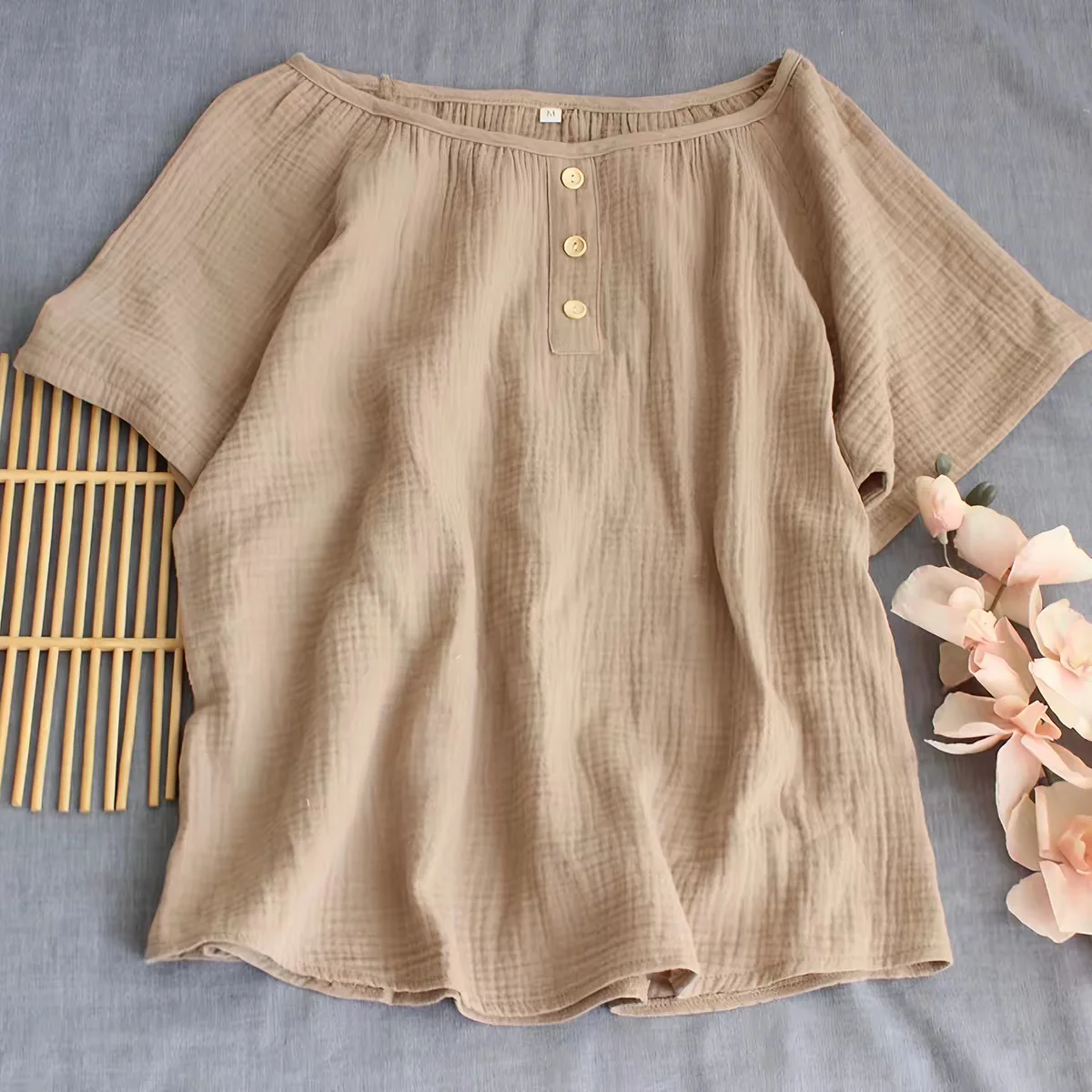 Blusa informal vintage de lino y algodón con botones para mujer, tallas grandes 5XL 6XL, top de primavera/verano, camisa de mezcla de lino.