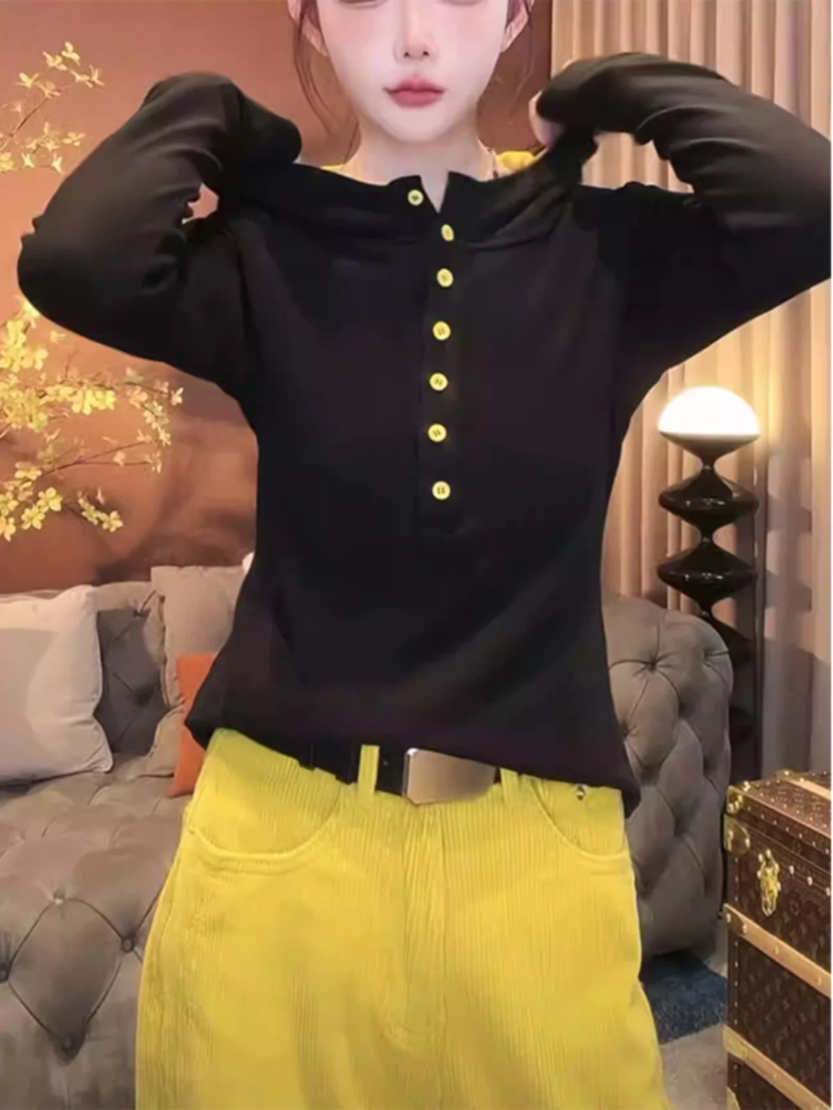 여성용 후드티 긴팔 티셔츠 버튼업 슬림핏 베이스 레이어 티셔츠 스트레이트 컷 한국 스타일 겨울 신상품