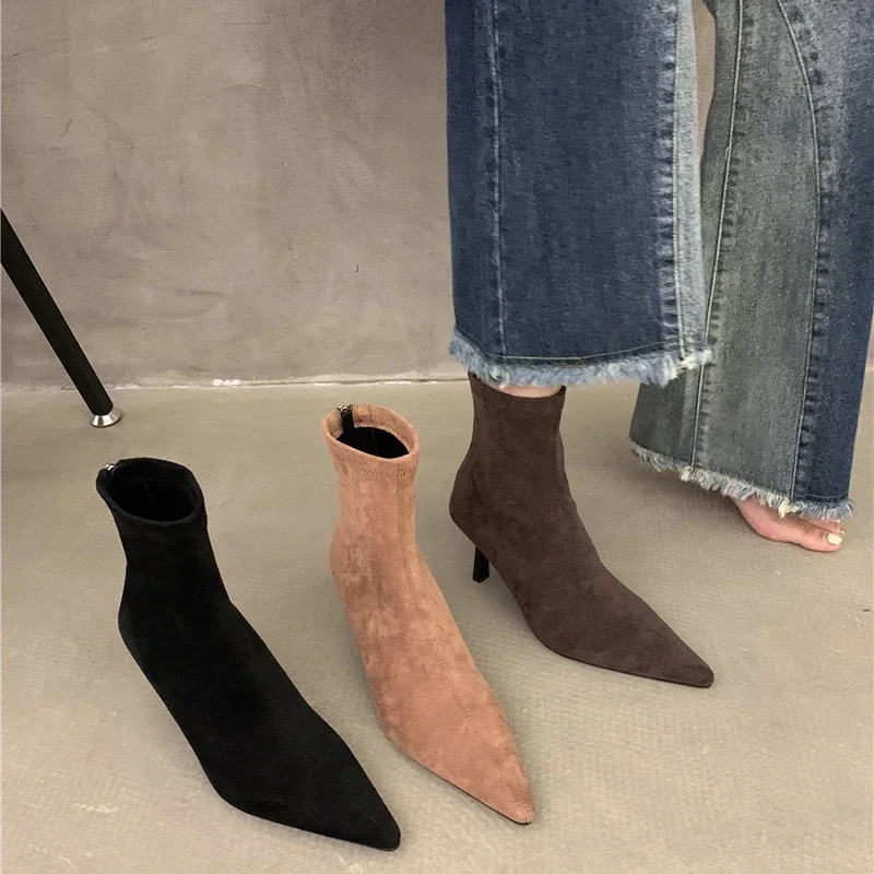 Luxury Women Ankle Boots Sexy Pointed Toe Heels Autumn New Suede Shoes 2024 Winter Warm Fashion Snow Botas Mujer Party Pumps