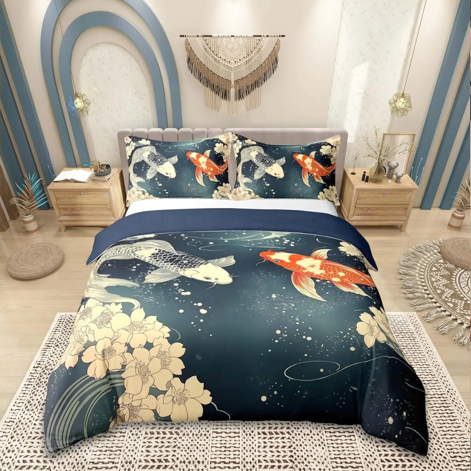 Traditional Japanese Ukiyoe Duvet Cover Set Super King Size Koi Carp Bedding Set Sakura Flower With 2 Pillowcases