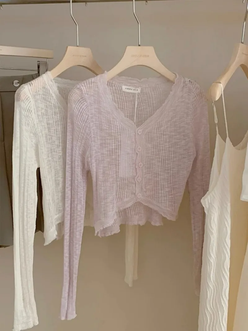 Lace V-Neck Ice Silk Knitted Summer Lightweight Sun Protection Cardigan Women's Outerwear Shawl Air Conditioning Shirt Thin V...