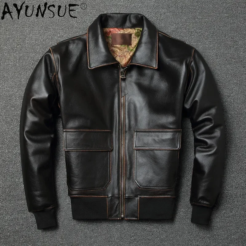 

AYUNSUE Retro Moto Genuine Leather Jacket Men Clothing Plus Size Cow Coat Brown Flight for Style 2024 KJ6739