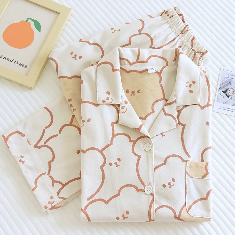 

Knitted Cotton Pajamas For Women Spring Autumn Long Sleeve Lounge Wear Cartoon Bear Two Piece Set Sleepwear Female Home Clothes