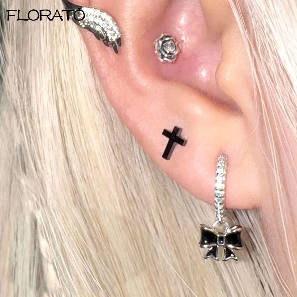 2025 New Gothic Cross Black Drill Drop Earrings 925 Sterling Silver Needle Small Hoop Earrings for Women Punk Piercing Jewelry